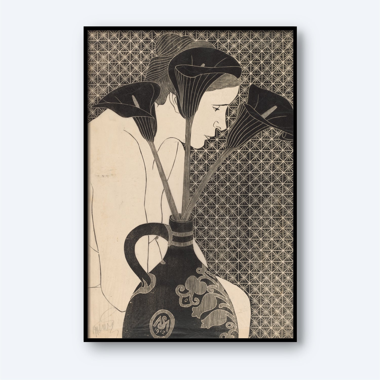 Female behind vase with arum lilies