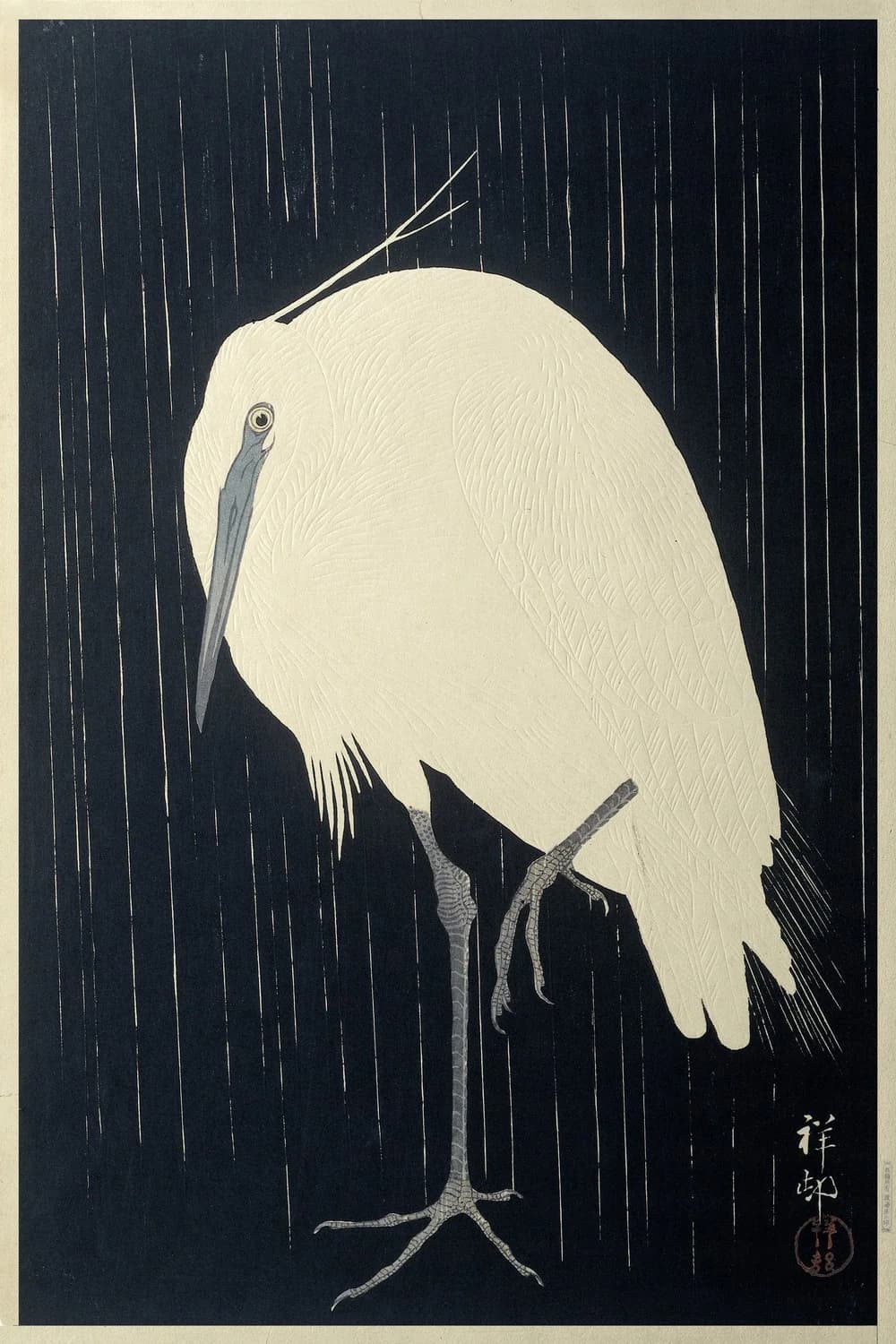 Egret in the Rain by Ohara Koson